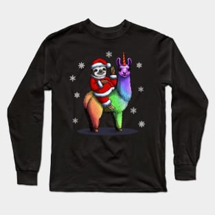 Santa Sloth Riding Llama Unicorn Long Sleeve T-Shirt